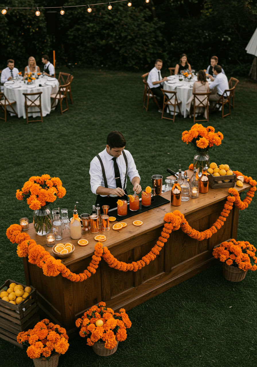Wide view of orange-decorated cocktail bar at outdoor wedding reception during sunset lighting
