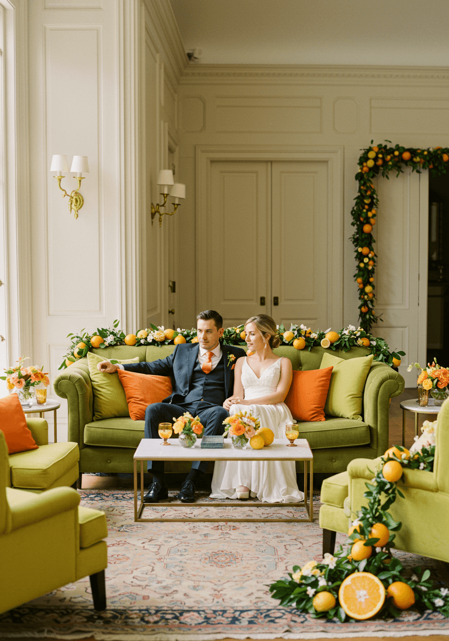 Couple relaxing on velvet sofa with citrus-coloured pillows in elegant wedding lounge area