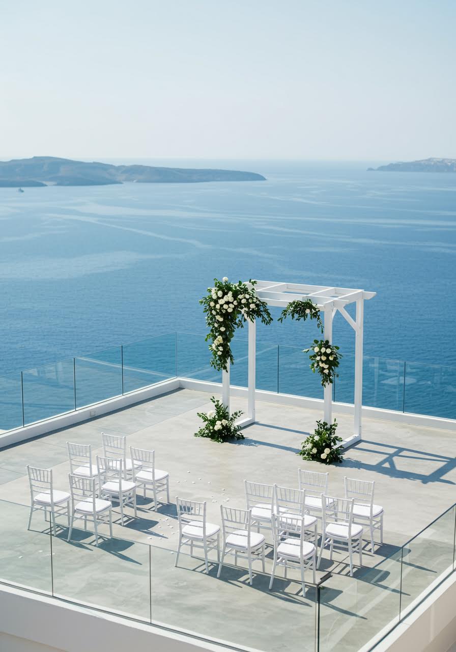 Minimalist wedding arch with green fronds against calm blue ocean during daylight