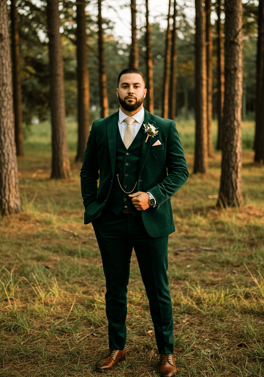 Dapper groom in forest green suit photographed in pine clearing during golden hour