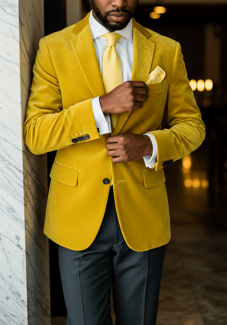 Dapper groom in sunshine yellow velvet blazer against marble architectural backdrop