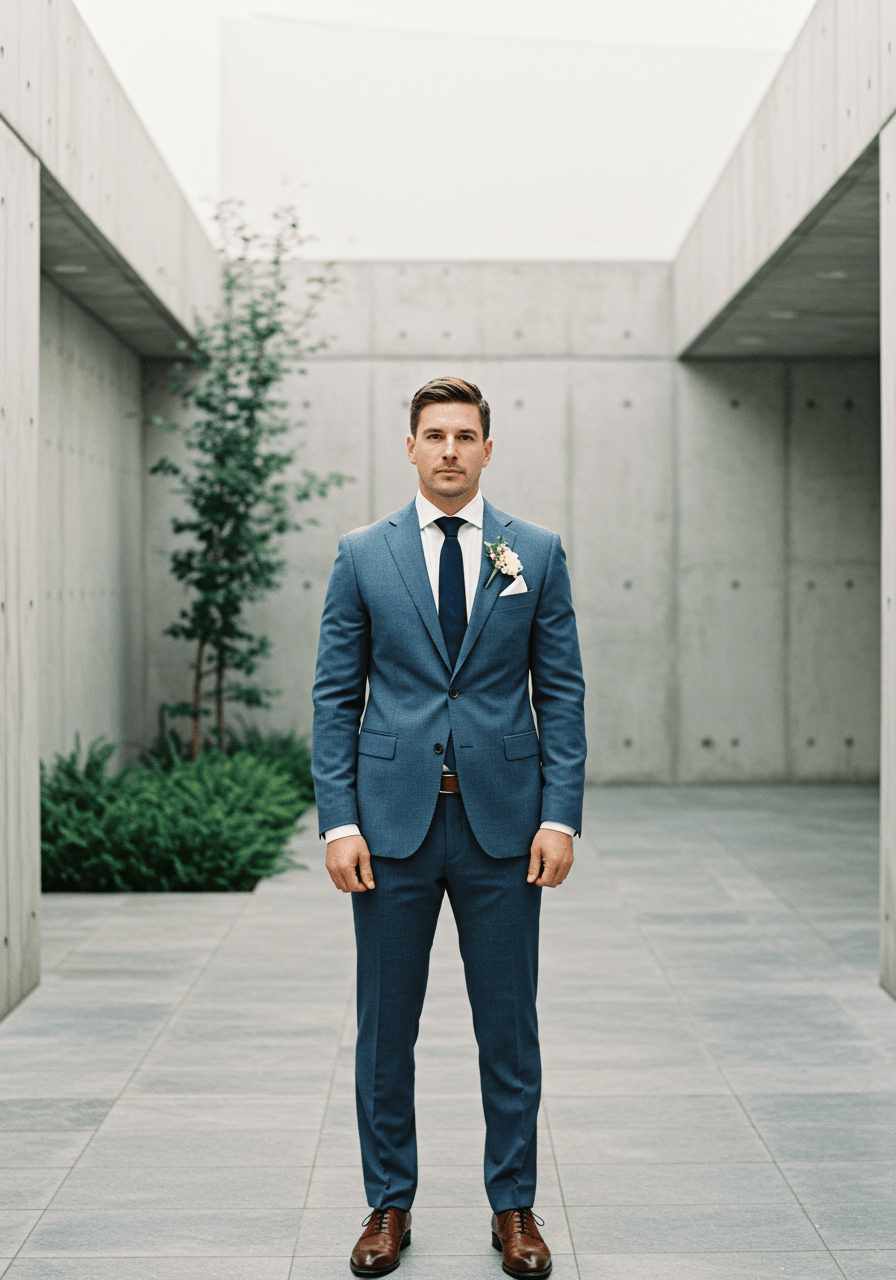 Groom in dusty blue suit posed in minimalist modern courtyard setting