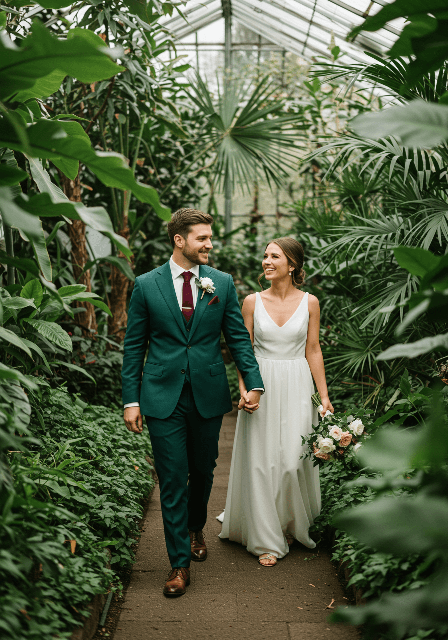Groom wearing emerald suit in lush tropical garden wedding setting