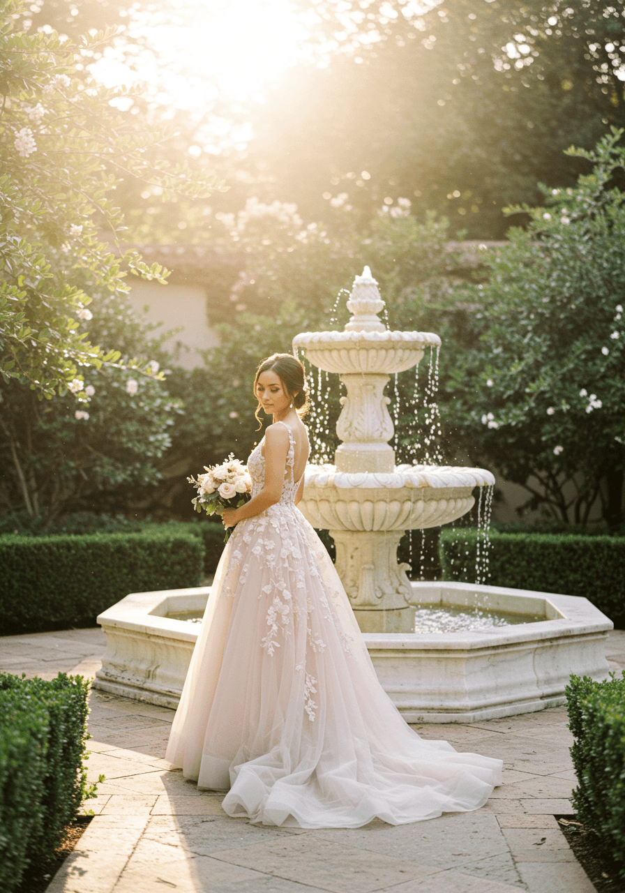 Bride in blush pink tulle gown with floral embroidery beside marble fountain in golden garden courtyard