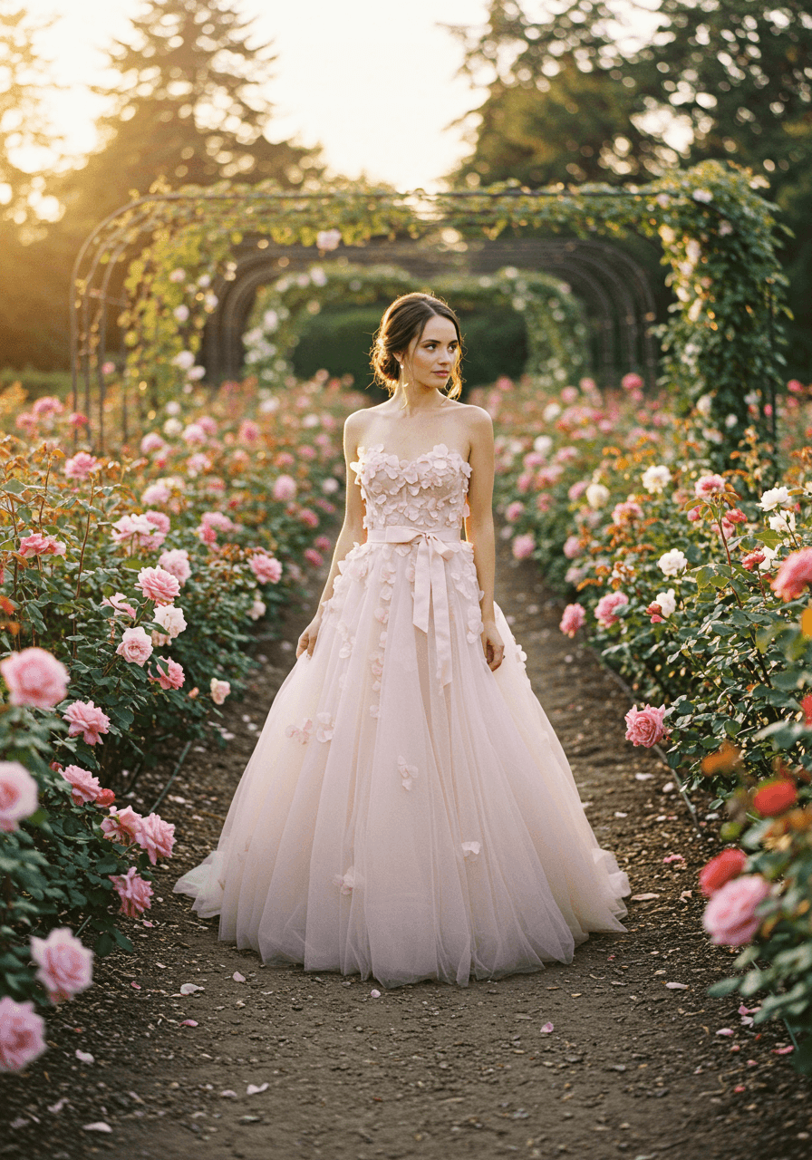 Bride in blush pink tulle ballgown with delicate floral appliqués standing amid blooming roses during golden hour