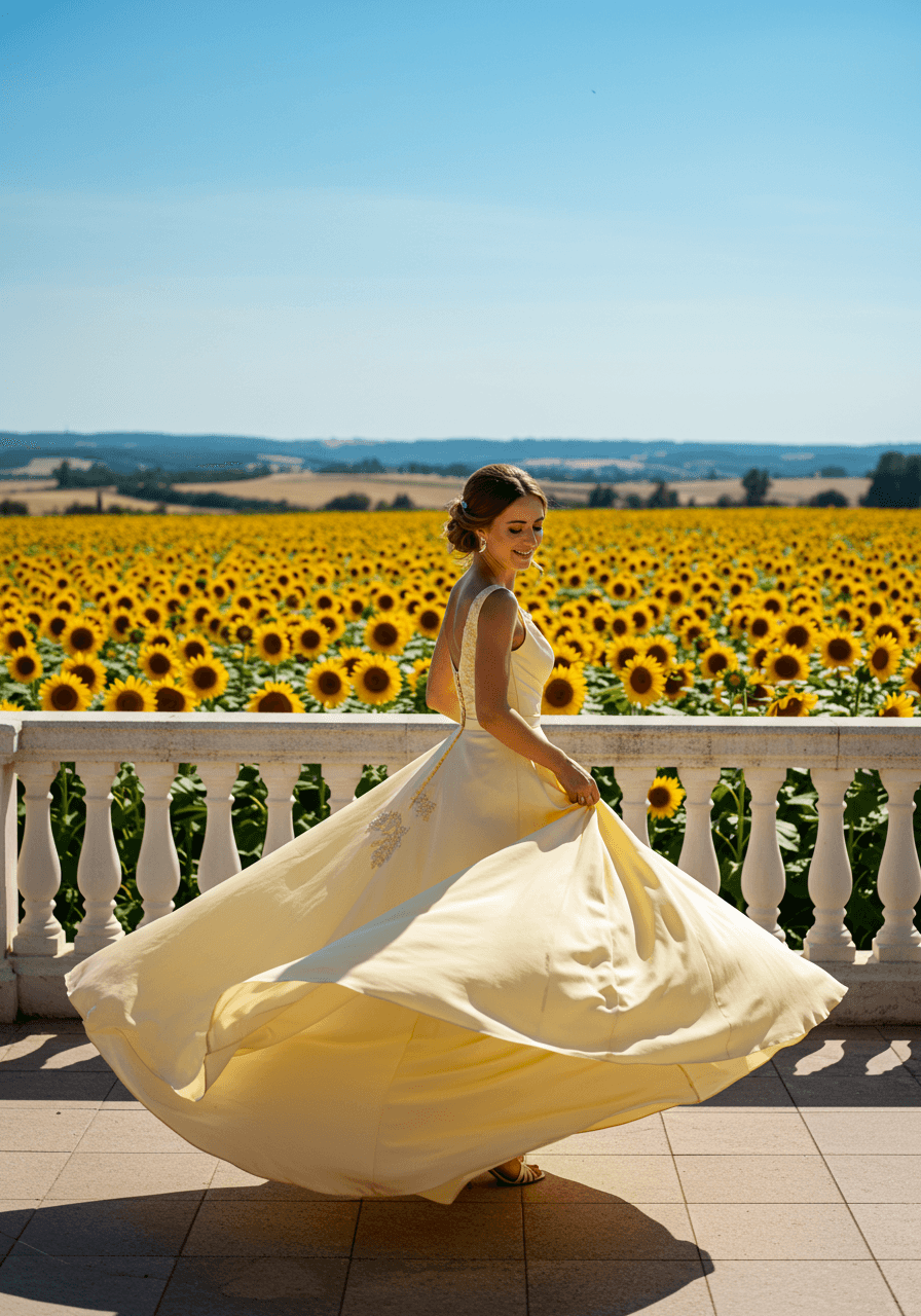 Bride in butter yellow silk ballgown twirling joyfully on terrace overlooking endless sunflower fields