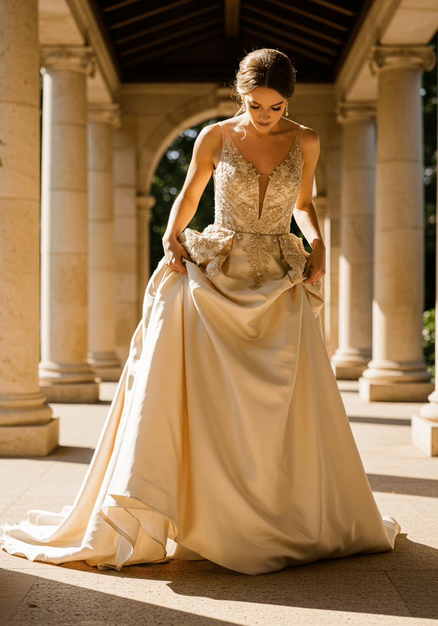 Detail shot of champagne wedding dress with flowing skirt layers and delicate golden beadwork