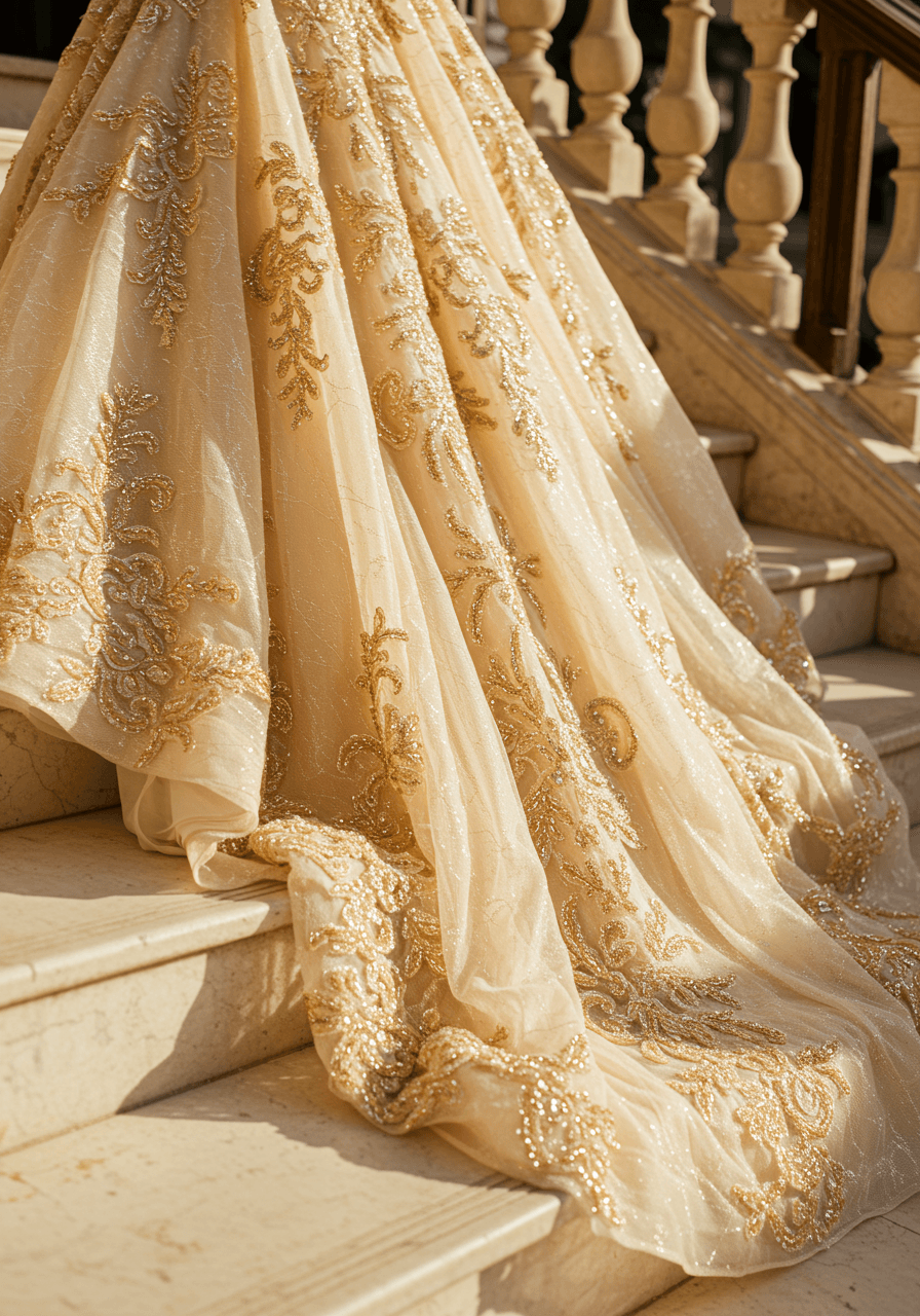 Champagne wedding dress train with golden beadwork flowing elegantly down cream marble steps