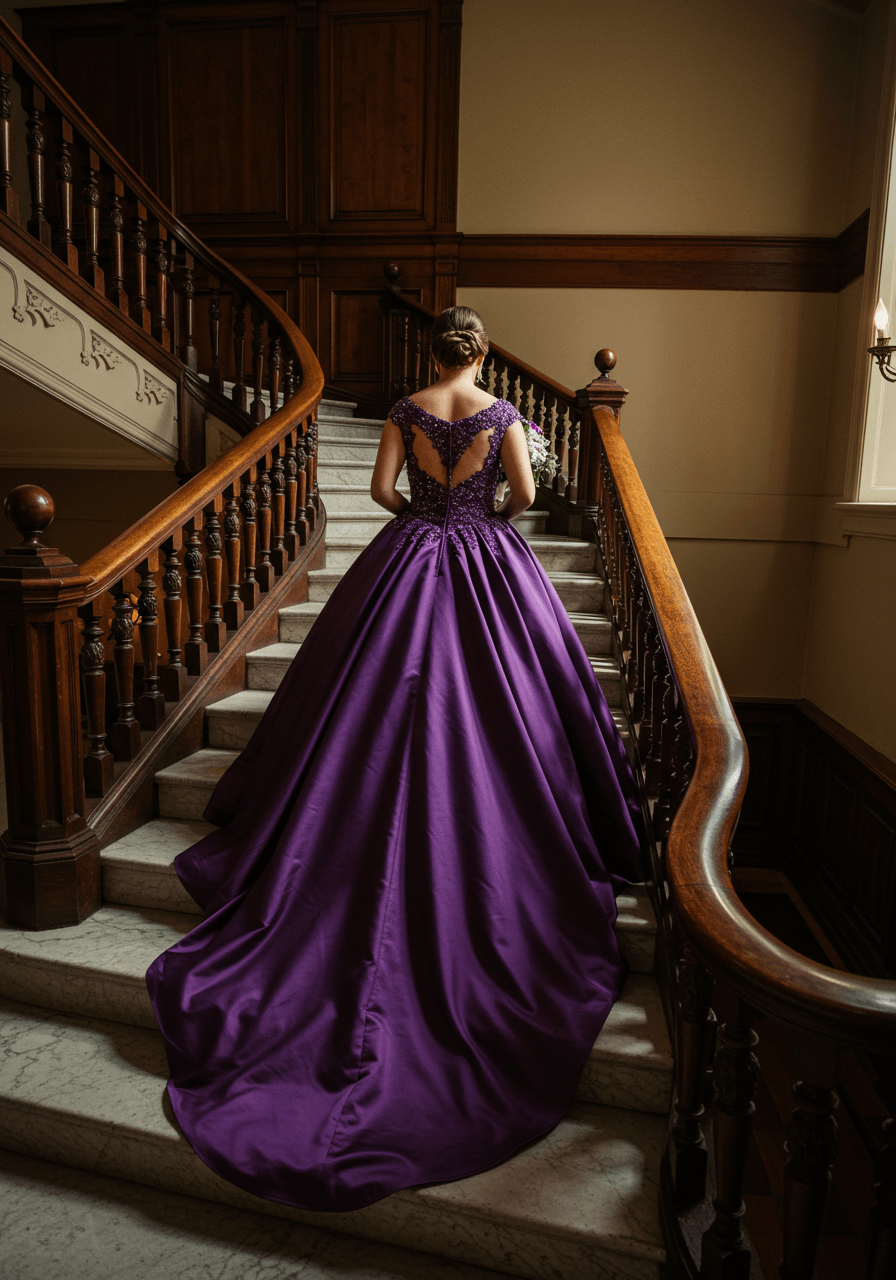 Bride in amethyst purple beaded gown gracefully descending historic mansion's marble staircase