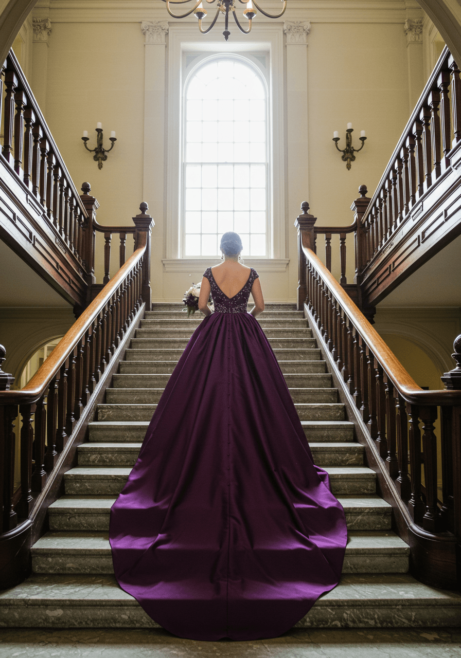 Bride in deep purple satin wedding gown with cathedral train on grand marble mansion staircase