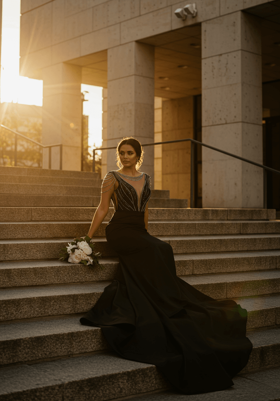 Bride in sleek black mermaid wedding dress with subtle beading on modern concrete steps