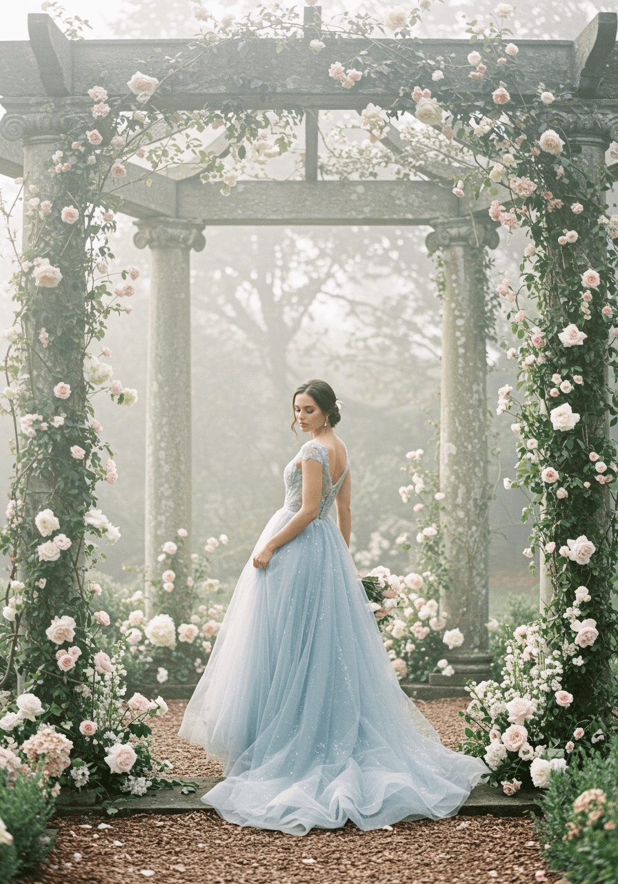 Bride in dusty blue wedding gown with lace detailing in misty garden pavilion during soft morning light