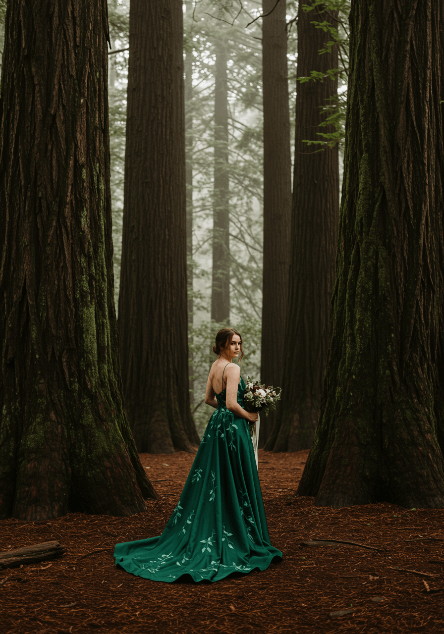 Bride in emerald green silk wedding dress with botanical embroidery among towering misty redwood trees