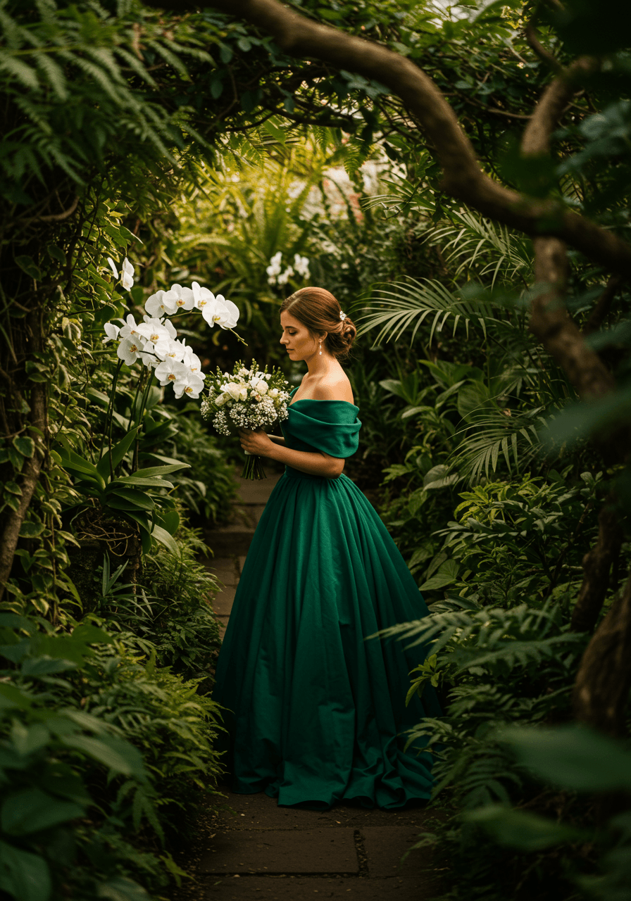 Bride in emerald chiffon gown walking garden path surrounded by tropical ferns and white orchids