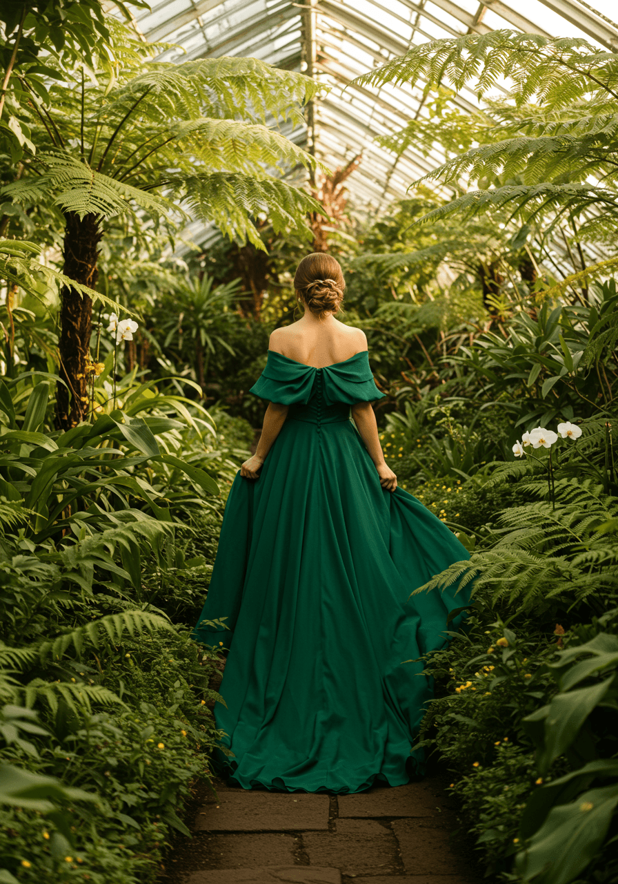 Bride in emerald green off-shoulder chiffon A-line dress walking through lush botanical garden paradise