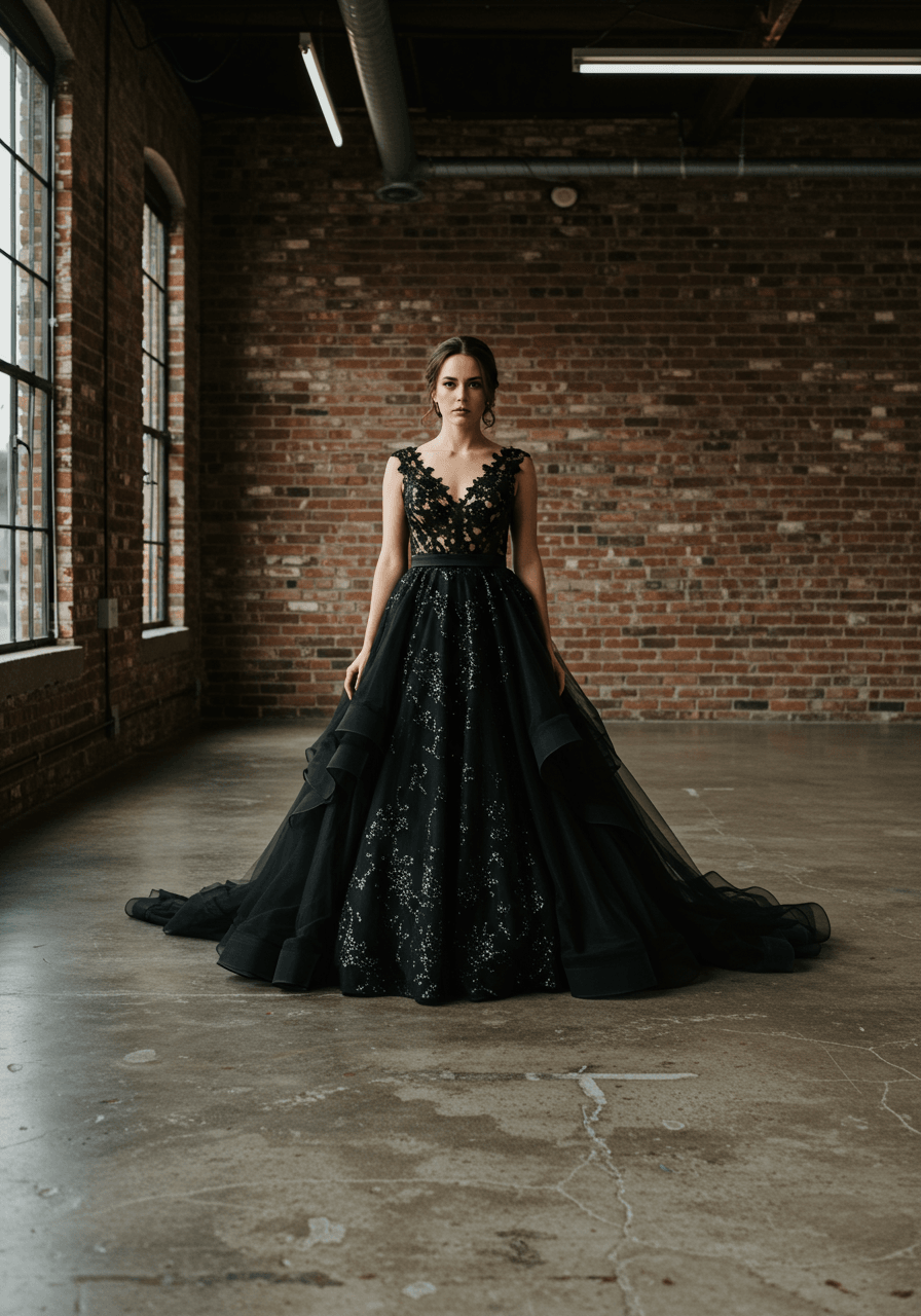 Bride in dramatic black lace wedding dress with fitted bodice in industrial loft with exposed brick walls