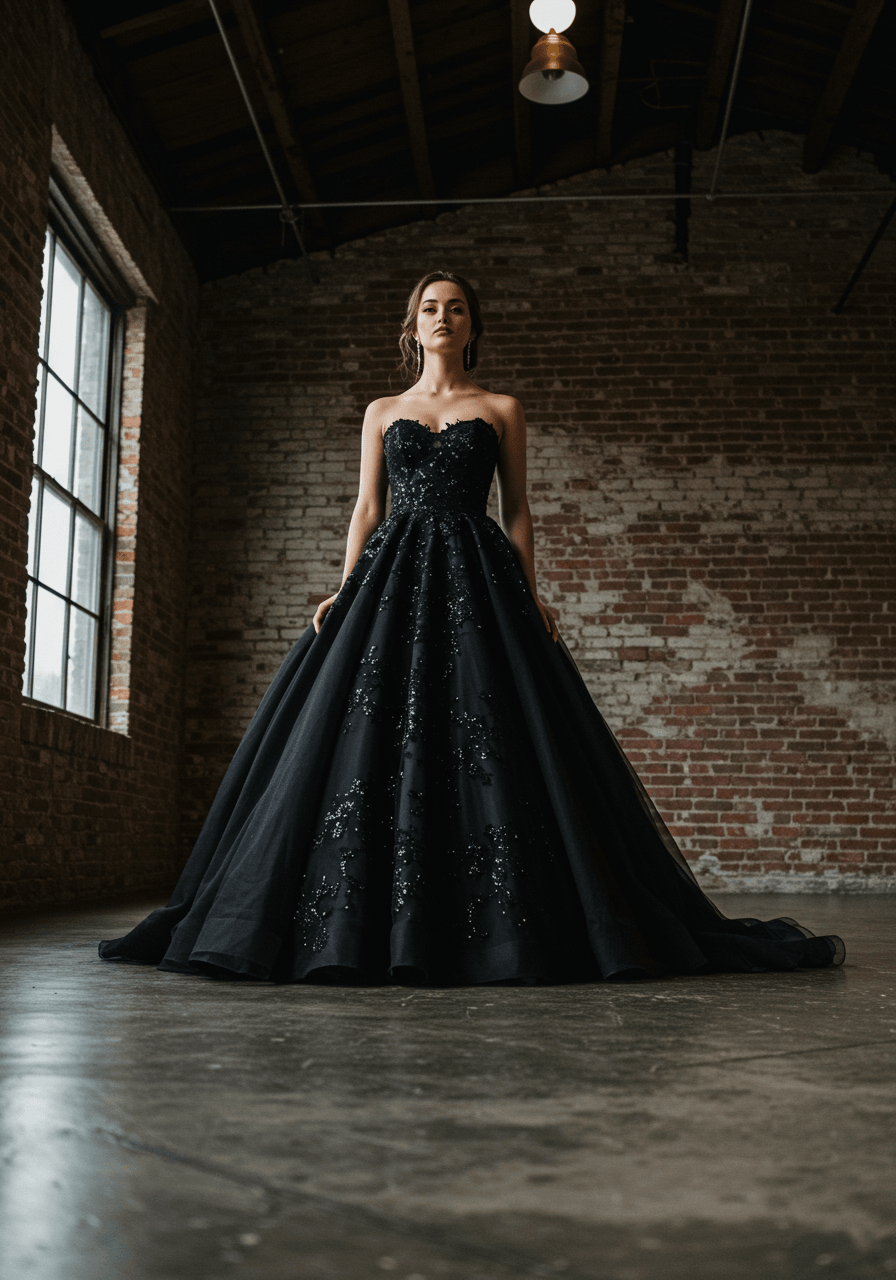 Moody portrait of bride in black wedding dress against minimalist concrete and brick architecture