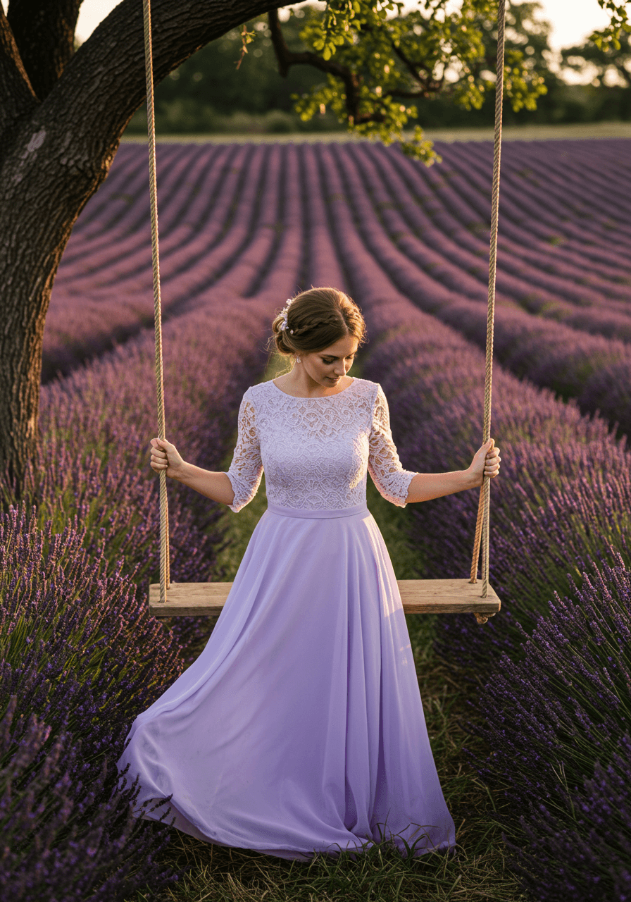 Bride in lavender wedding dress twirling playfully near rustic wooden swing in lavender field