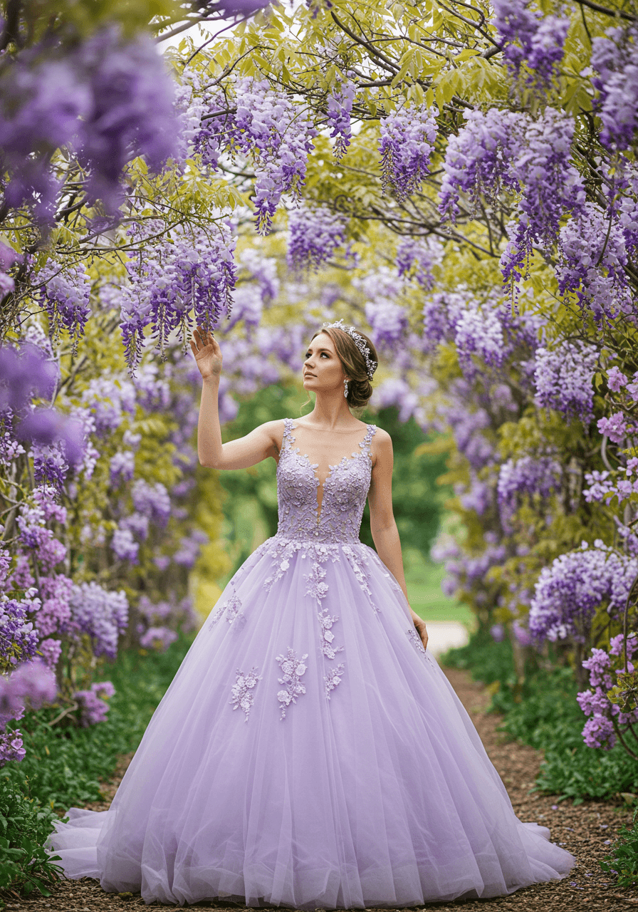 Bride in lavender wedding dress gently touching purple wisteria blooms in enchanted garden setting