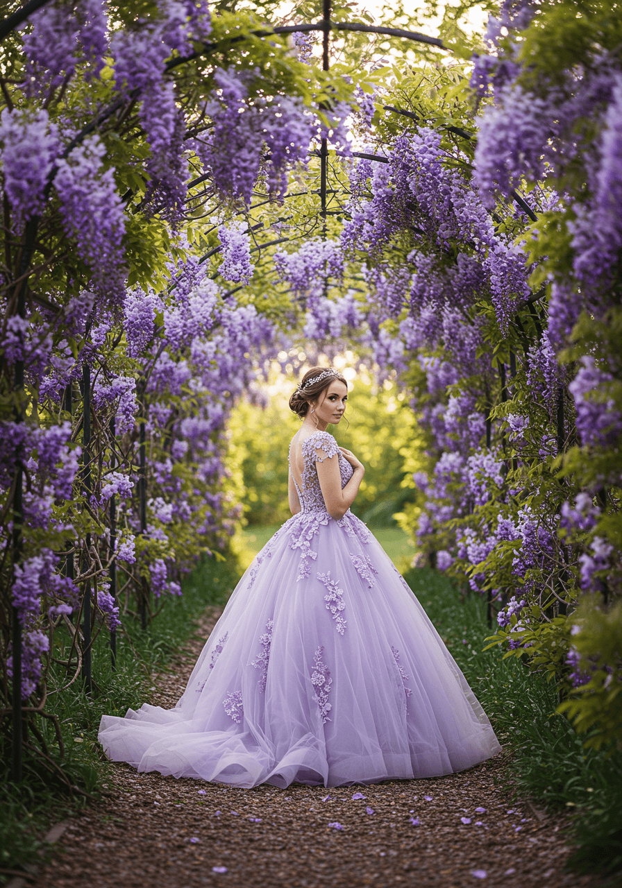 Bride in lavender tulle ballgown with floral embroidery under wisteria-covered garden archway