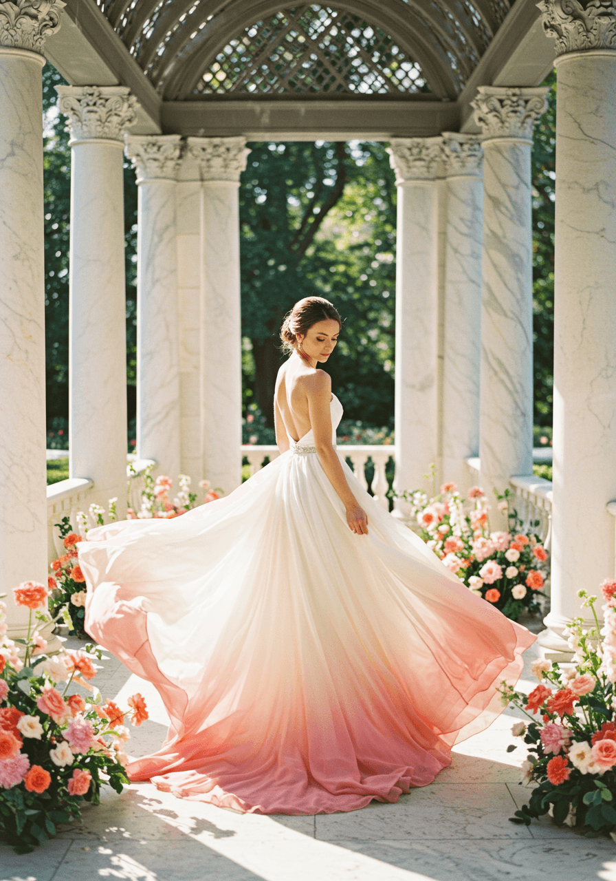 Bride in ombré wedding gown transitioning from ivory to blush pink in sunlit garden pavilion