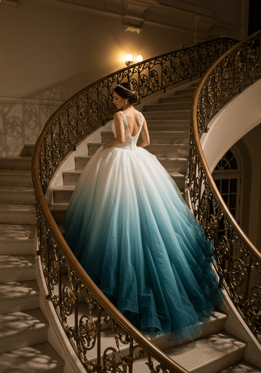 Bride in blue ombré gown gracefully ascending ornate staircase in elegant manor during twilight