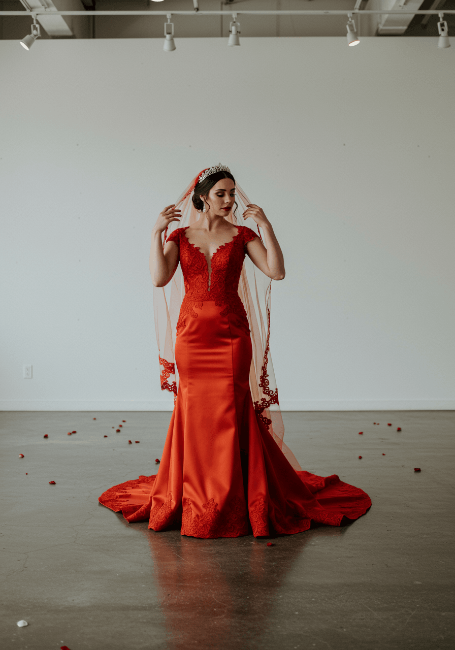 Bride adjusting red lace wedding dress veil in minimalist gallery with scattered rose petals