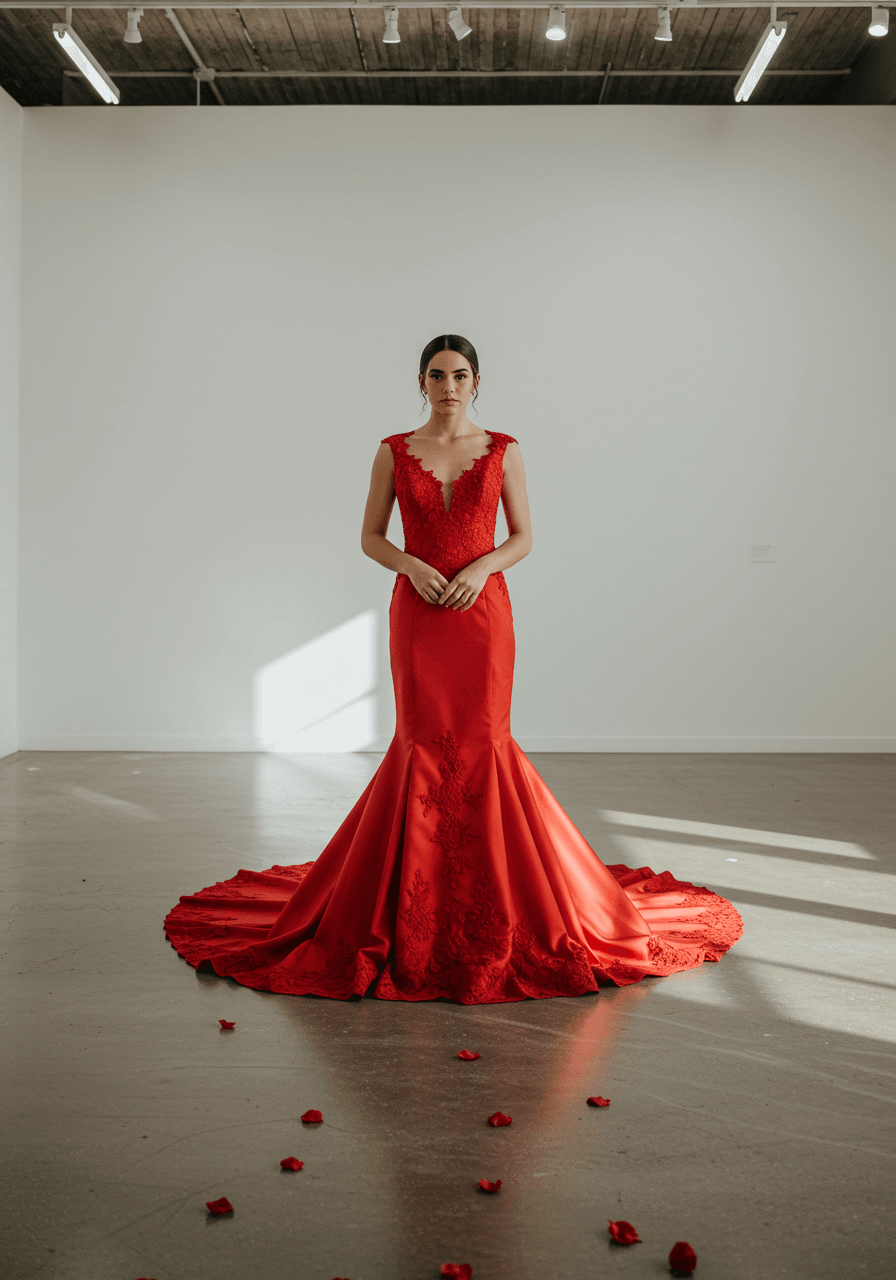 Bride in red mermaid wedding dress with intricate lace detailing posing in modern white art gallery