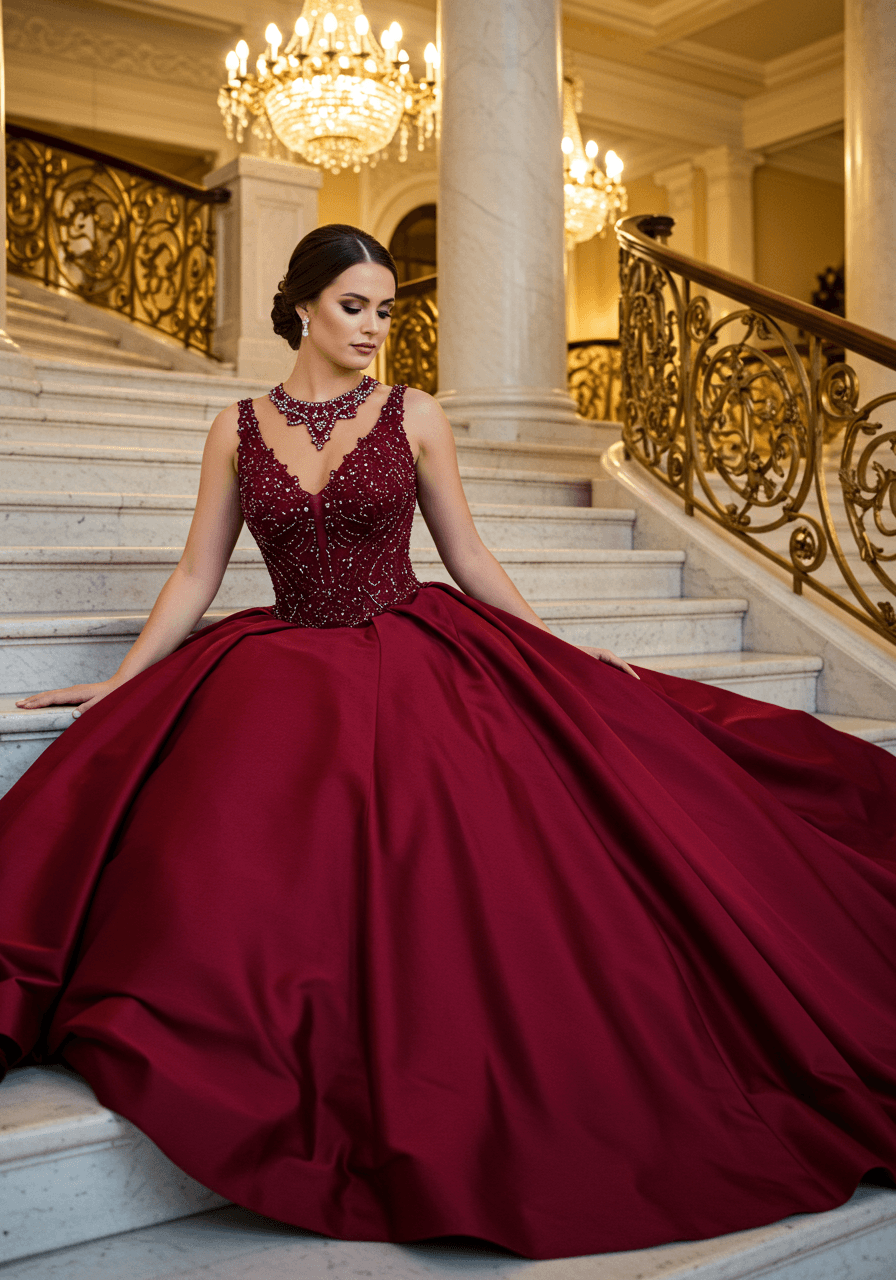 Bride in deep ruby red beaded ballgown standing confidently on grand marble mansion staircase