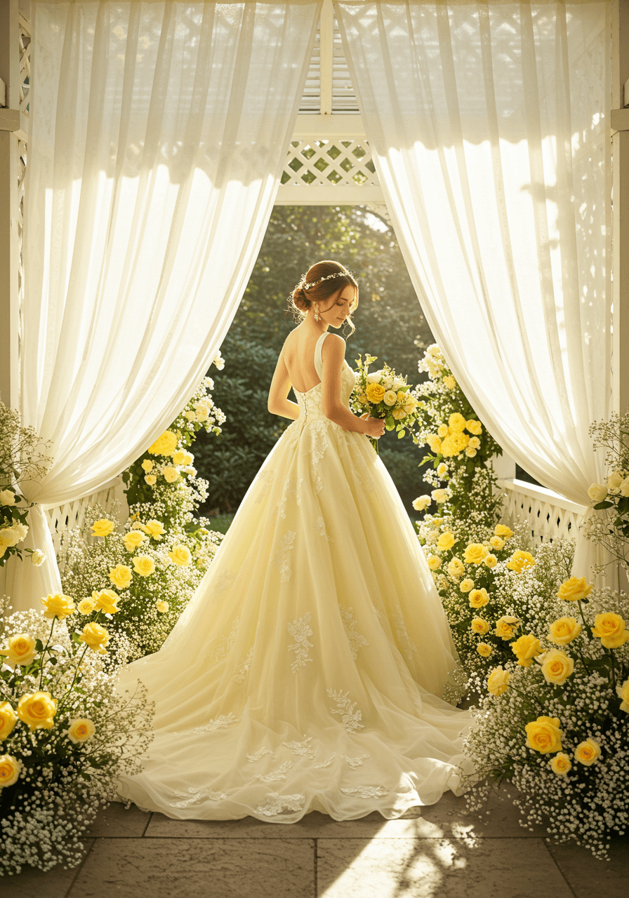 Bride in soft yellow chiffon A-line dress with floral embroidery in sunlit garden pavilion with yellow roses