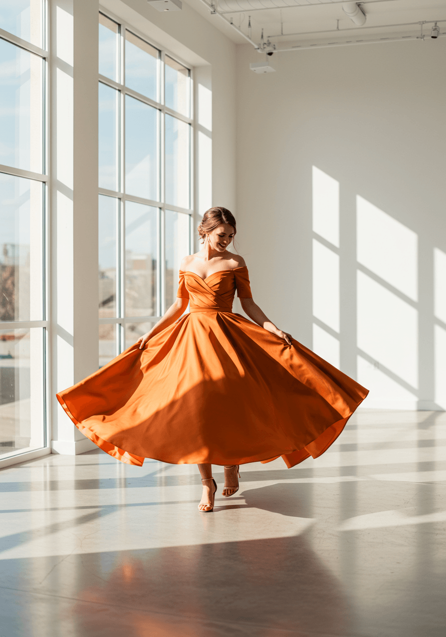 Bride in structured sunset orange ballgown twirling in modern minimalist venue with large windows