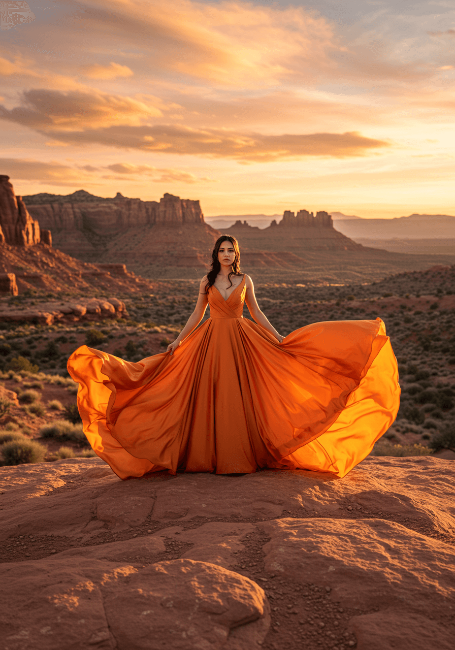 Bride in flowing sunset orange gown with dramatic train on desert cliff at golden hour