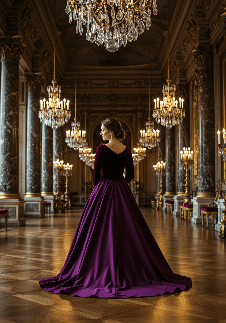 Bride in deep purple velvet wedding dress with silk skirt in ornate palace ballroom with chandeliers
