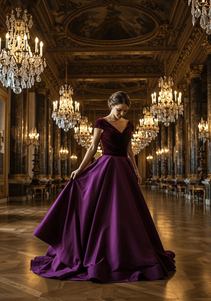 Bride in luxurious purple velvet gown standing regally in palace ballroom with marble columns