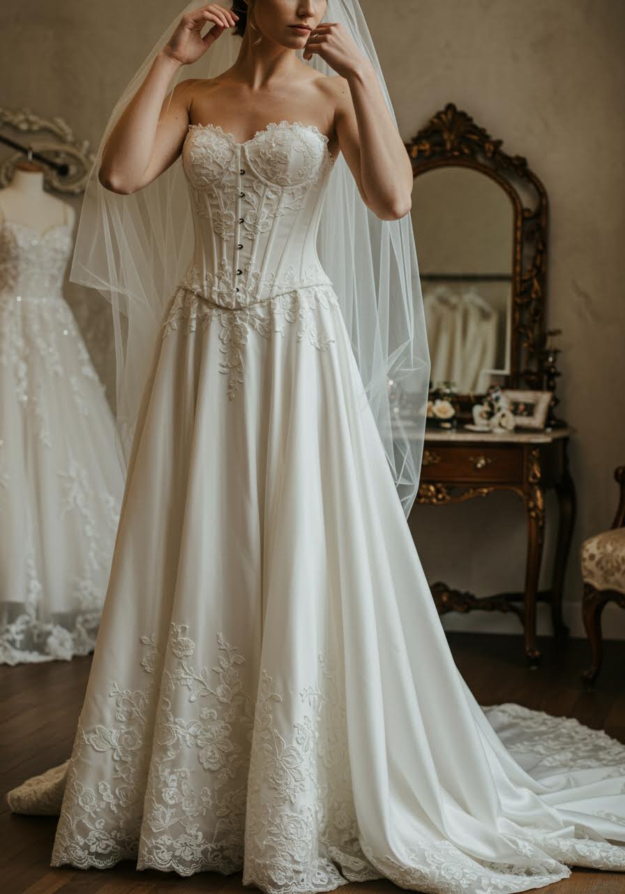 Detailed view of embroidered silk veil and corset in vintage-inspired boutique