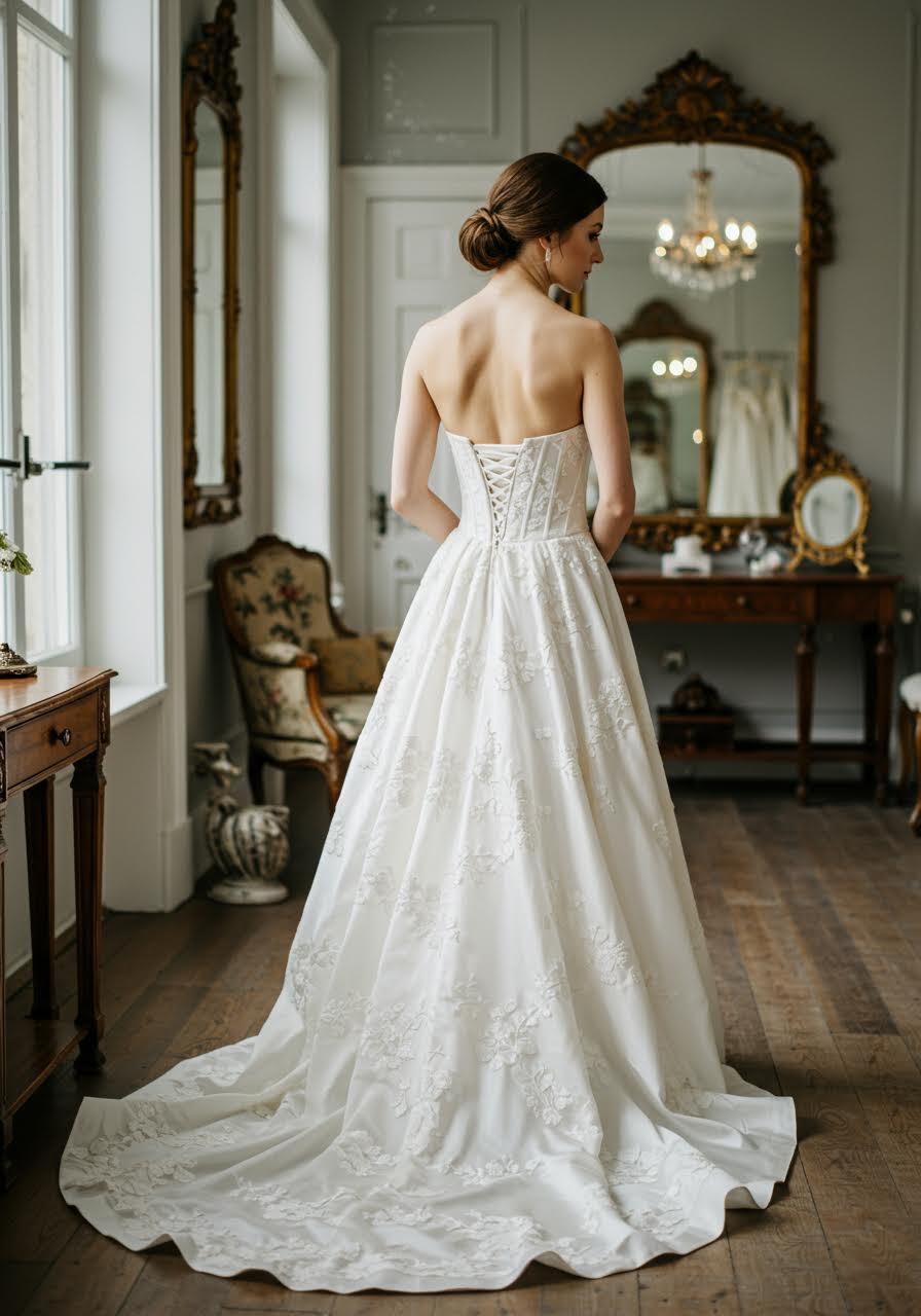 Elegant silk corset wedding dress with vintage embroidery in upscale bridal boutique