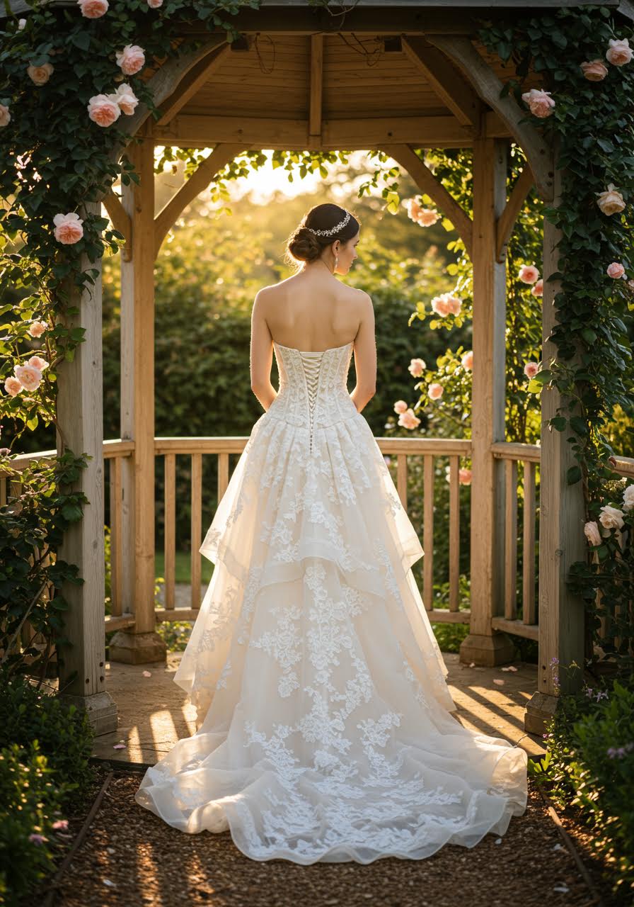 Bride in high-low corset gown with vintage lace overlay in romantic garden gazebo