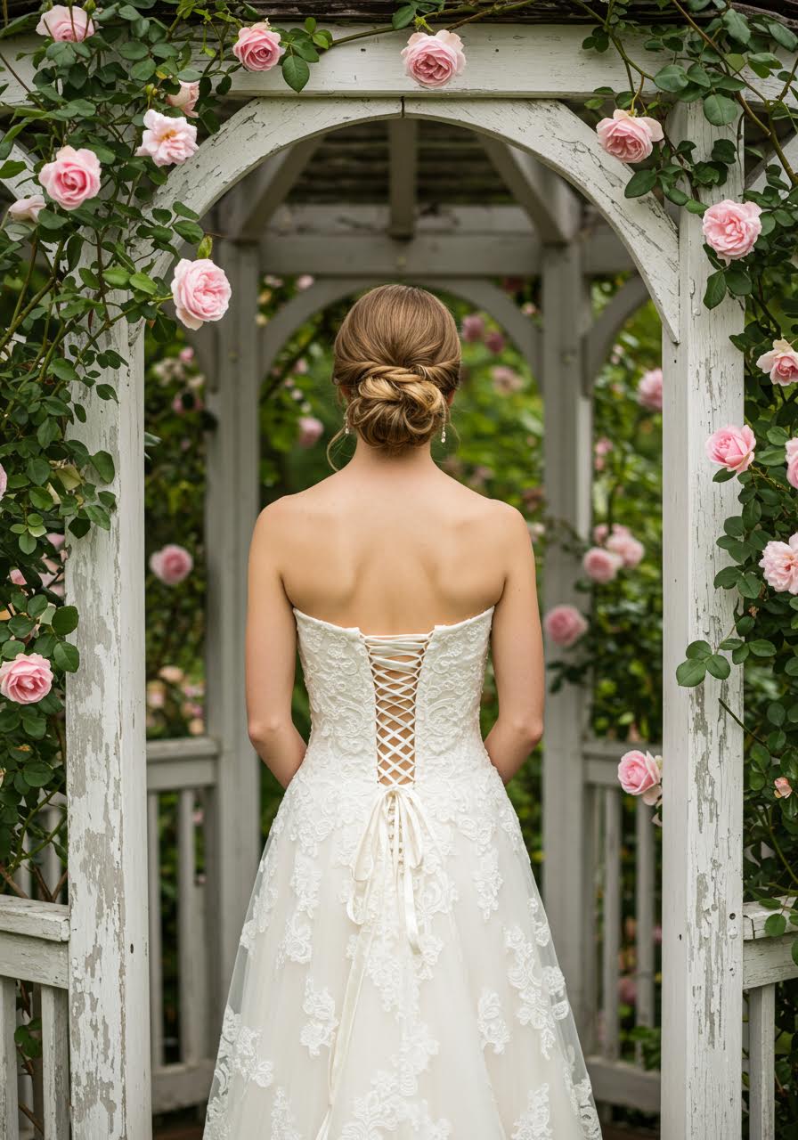 Bride in ivory lace corset wedding dress standing beside ornate garden gazebo