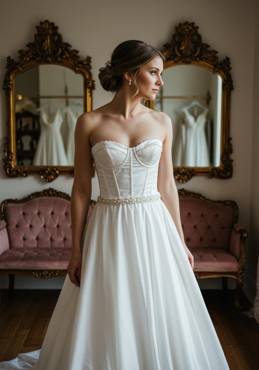 Bride in sweetheart neckline corset dress with pearl details in vintage bridal boutique