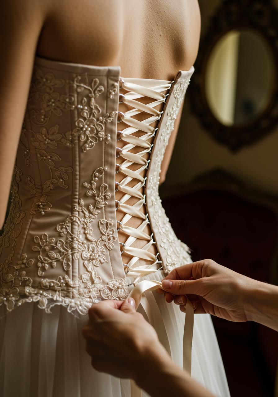 Close-up of champagne corset wedding dress featuring intricate back lacing detail