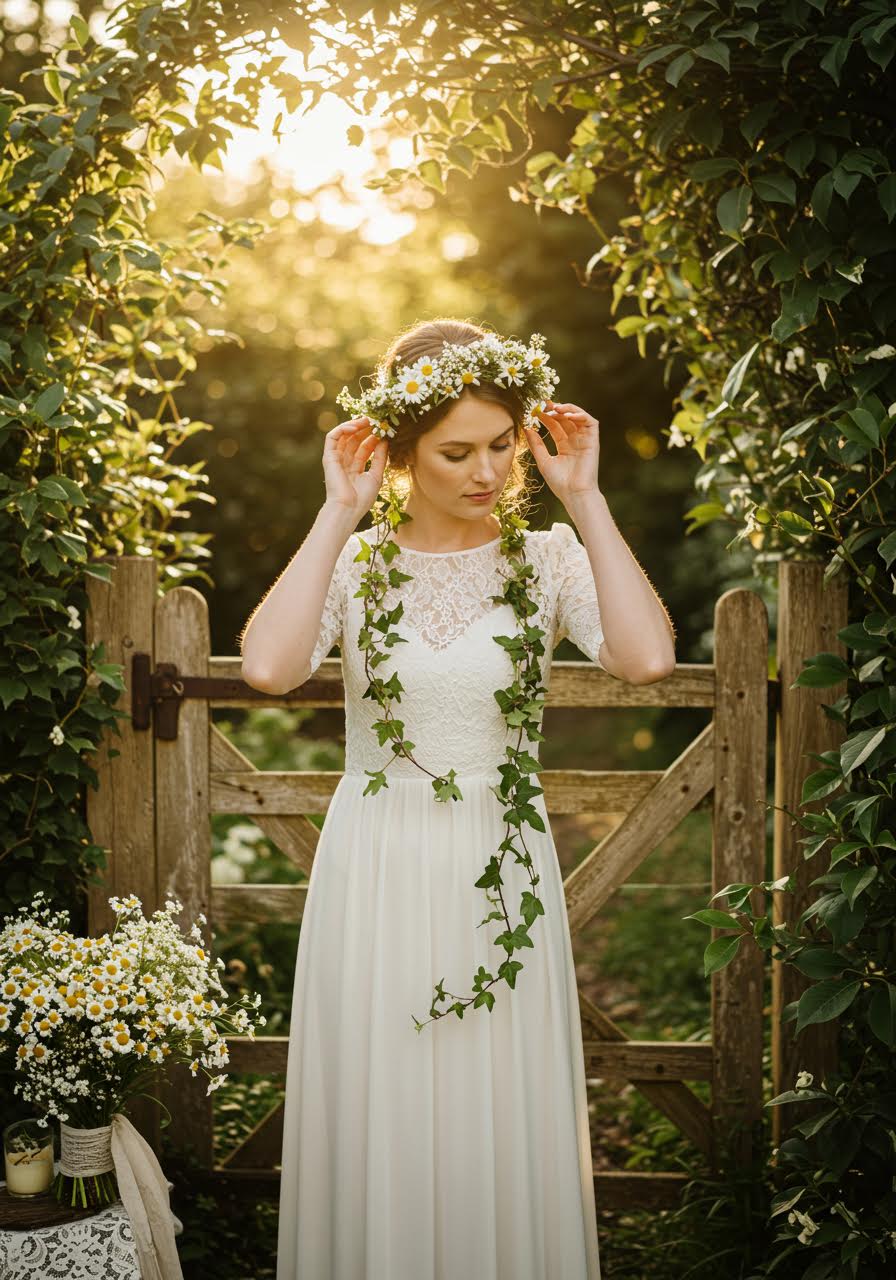 Bohemian bride adjusting fresh wildflower crown in natural garden setting