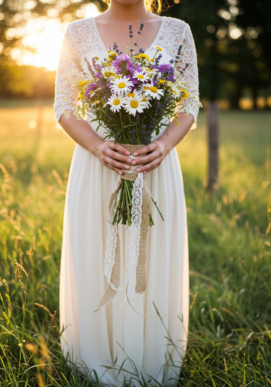 Full-length portrait of bride with wildflower bouquet in flowing dress