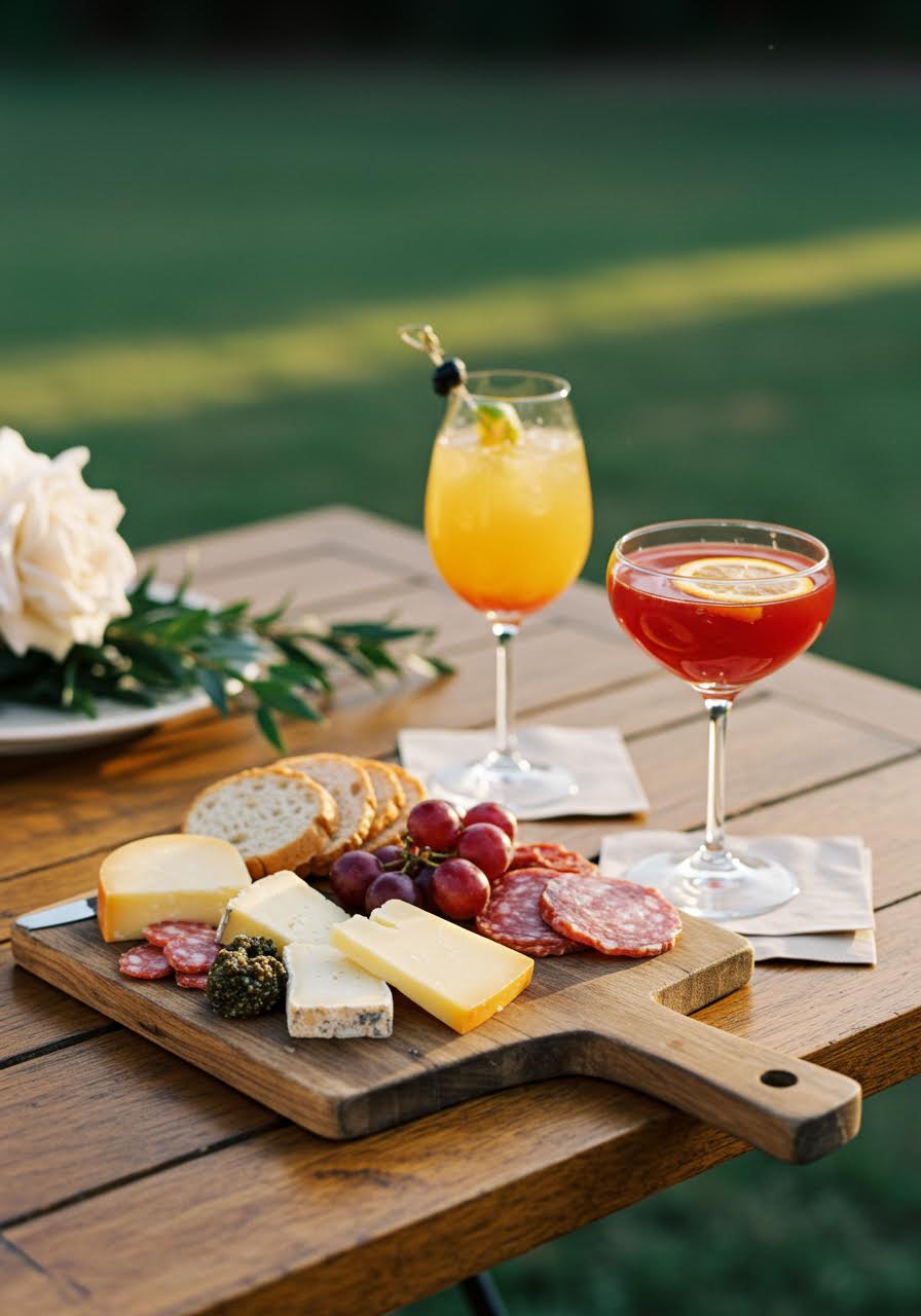 Artisanal charcuterie spread paired with signature cocktails on rustic wooden surface during magical golden hour