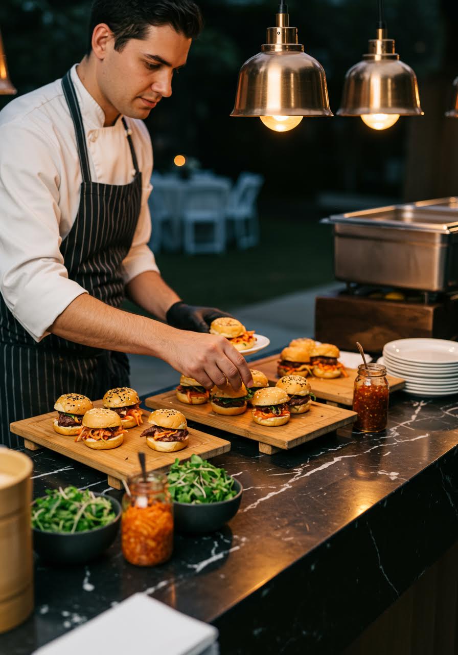 Chef artfully plating gourmet Korean BBQ sliders with house-made accompaniments at outdoor wedding station