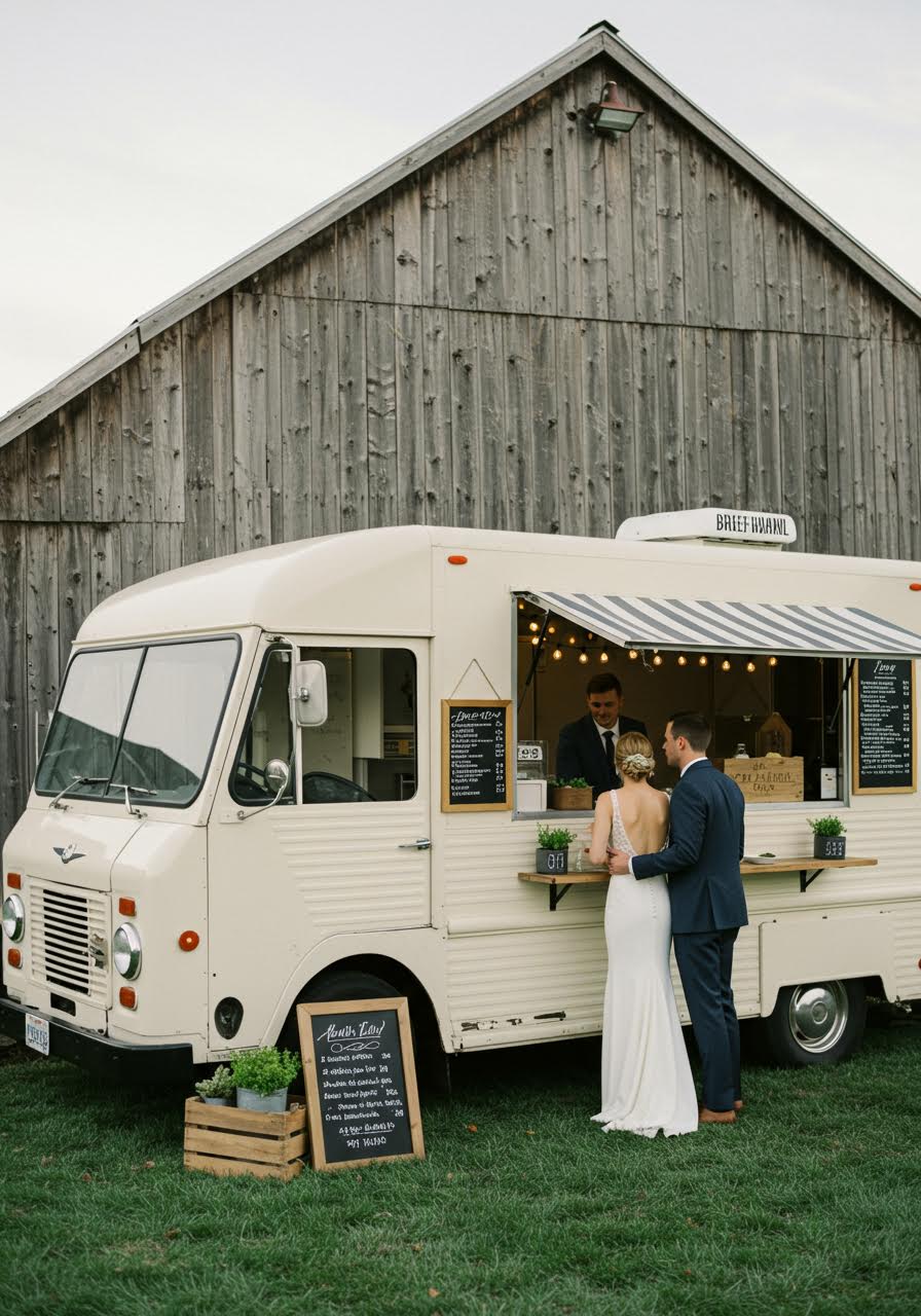 Stylish vintage food truck with elegant striped awnings serving gourmet street food beside rustic venue