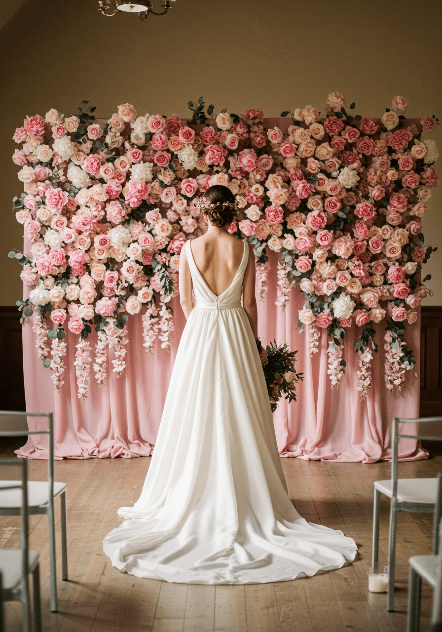 Bride in ivory gown standing before elaborate dusty rose floral wall backdrop with cascading roses