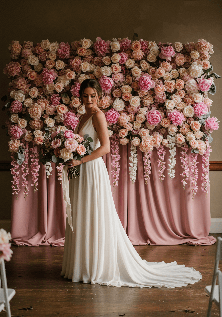 Elegant bridal portrait showing flowing gown against pink peony ceremony backdrop