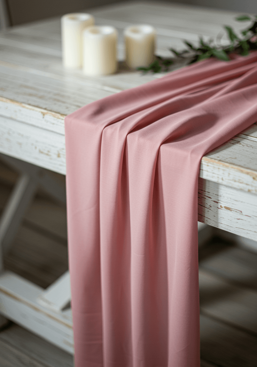 Dusty rose chiffon table runner with pleated edges on rustic white-washed wooden table