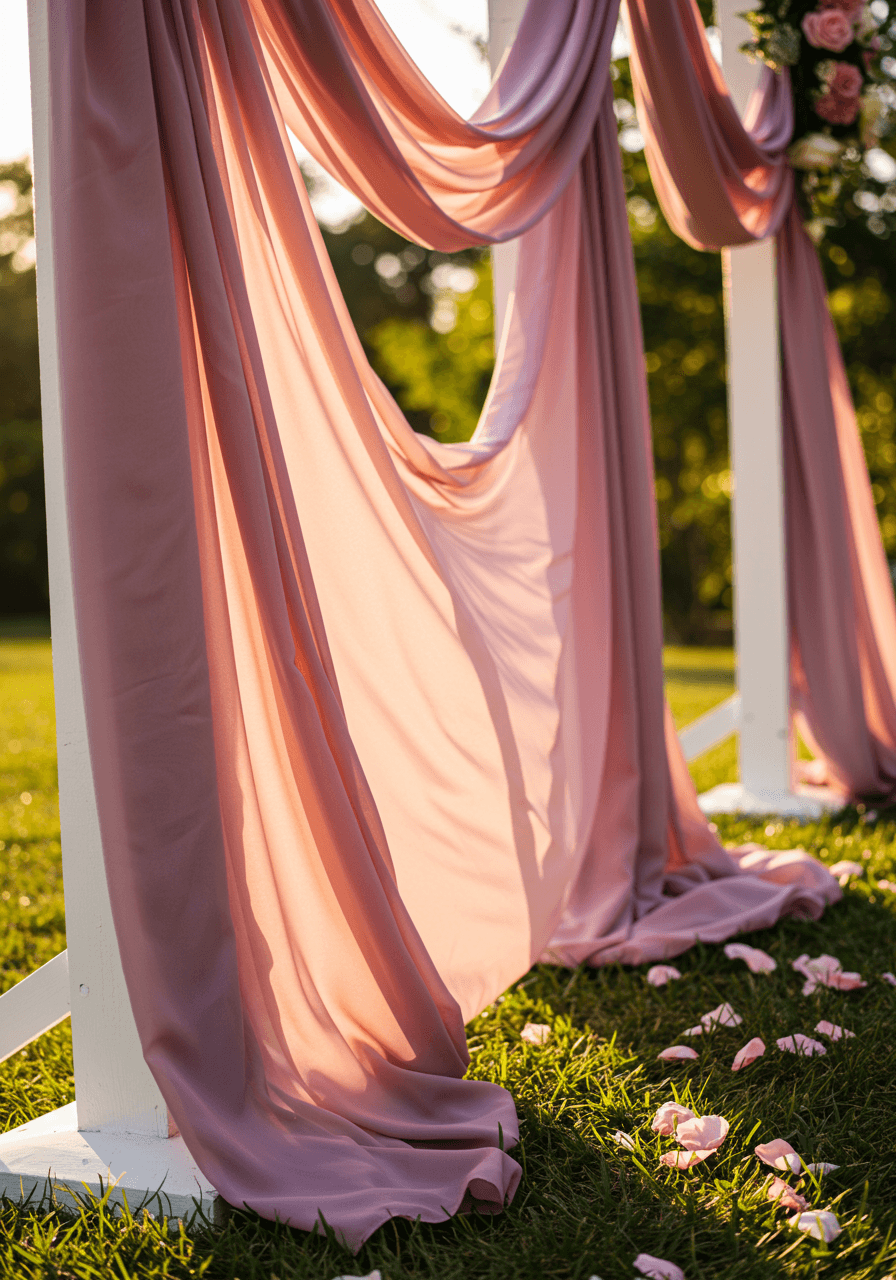 Macro detail of flowing chiffon fabric texture in soft pink wedding backdrop