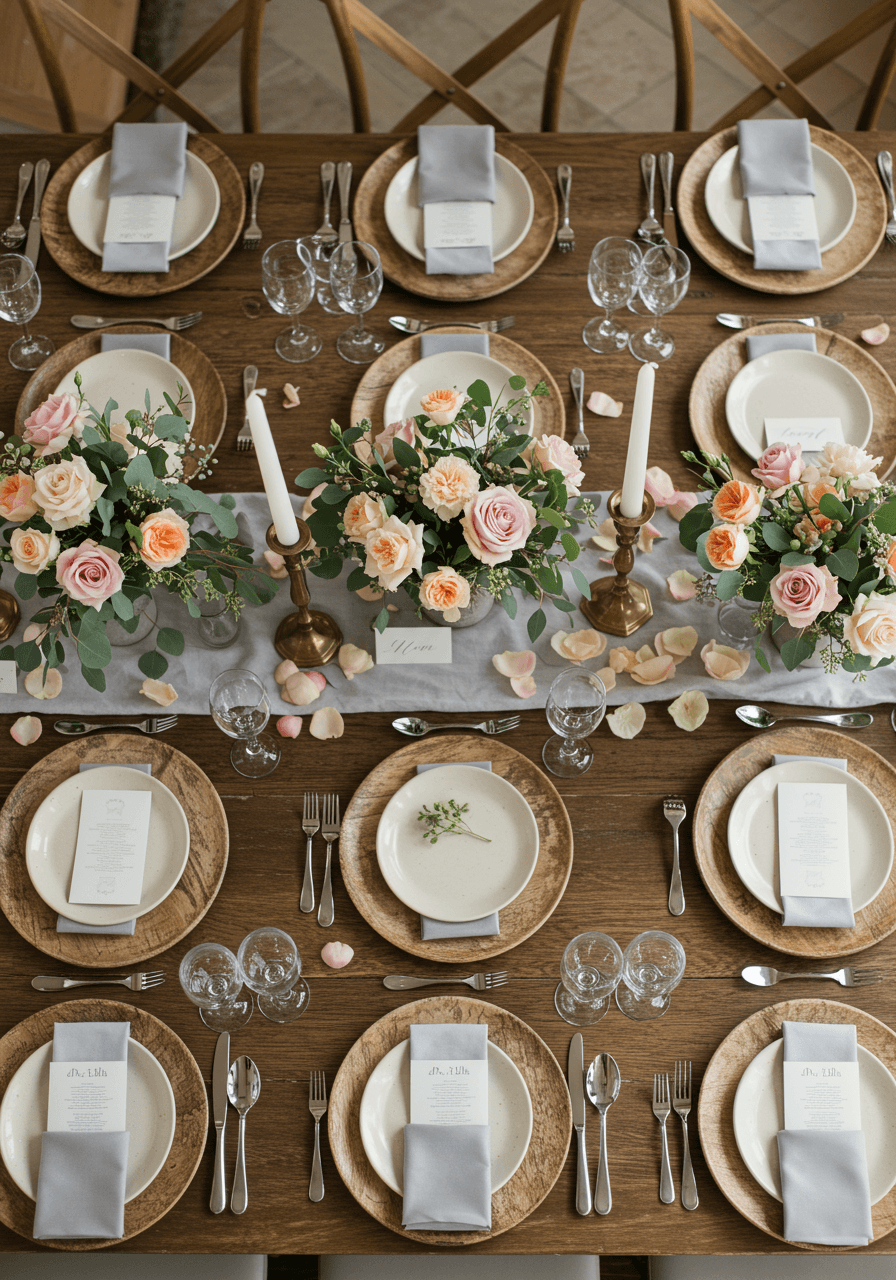 Overhead view of hygge-inspired wedding tablescape with natural wood and cream ceramic elements
